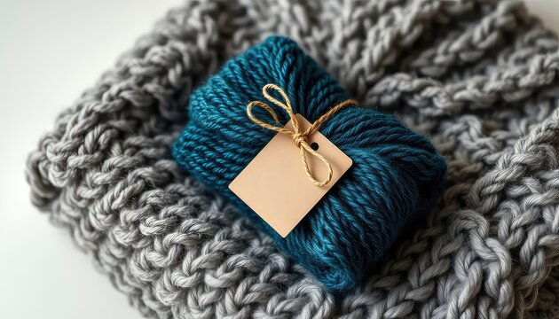Teal yarn bundle with tag on a gray knitted fabric texture, handcrafted gift for cozy creations and personal expression