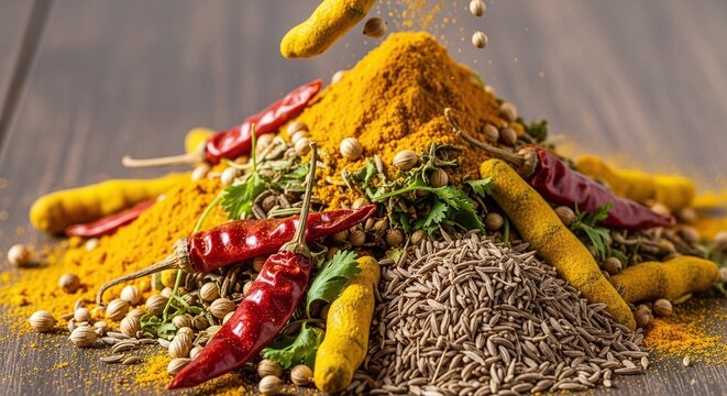 A vibrant assortment of Indian spices including turmeric, cumin seeds, and dried red chilies arranged on a wooden surface. The spices are colorful and aromatic.