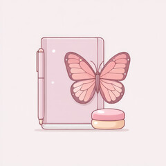 Kawaii pink notebook and butterfly illustration, pastel pink, creative journaling and planning
