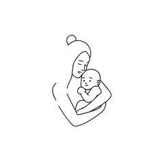 Black and white line art of a beautiful mother lovingly embracing her baby minimalist tender illustration
