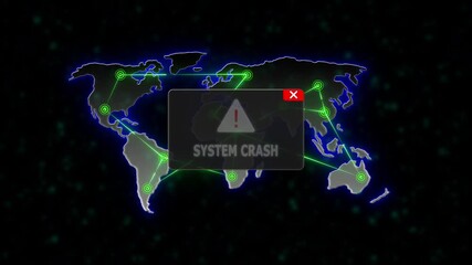 SYSTEM CRASH Alert Warning Message Attack on World map. radio waves Network Seamless loop Motion Background. UI Elements HUD, Digital global world map and technology concept. - Powered by Adobe
