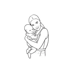 Black and white line art of a beautiful mother lovingly embracing her baby minimalist tender illustration
