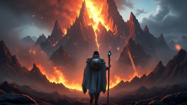 Epic fantasy warrior standing before fiery mountains with magical dramatic sky in cinematic fantasy artwork