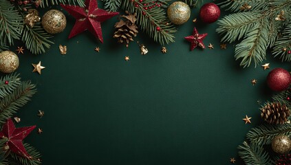 Christmas Evergreen Border with Red and Gold Ornaments