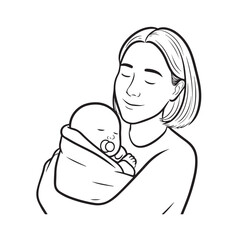 Black and white line art of a beautiful mother lovingly embracing her baby minimalist tender illustration
