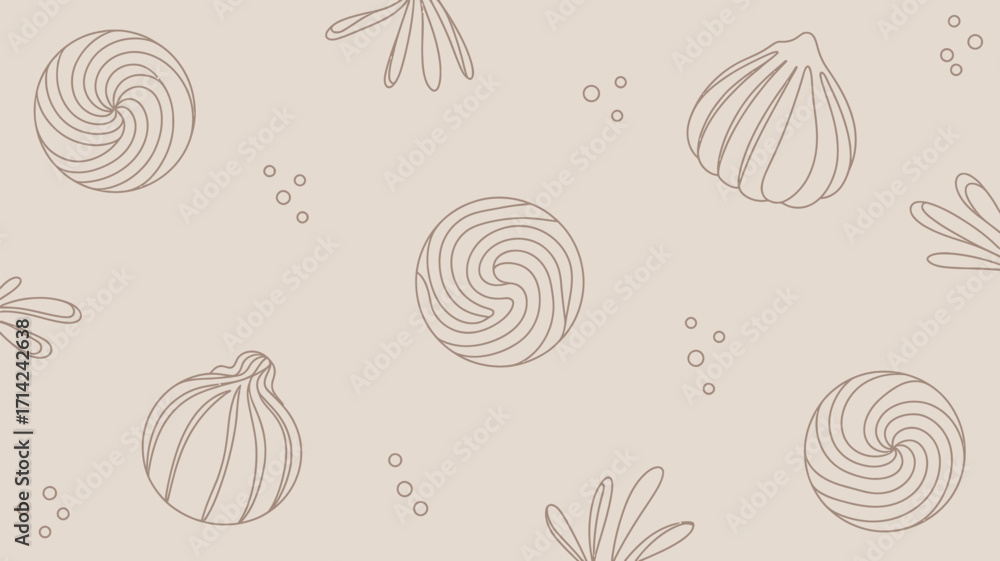 Poster delicate beige background with outlined circular shapes, shells, and floral elements in a simple pat