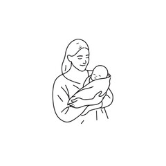 Obraz premium Black and white line art of a beautiful mother lovingly embracing her baby minimalist tender illustration 