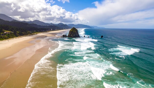 Panoramic beach view with dramatic waves and coastal rock formations