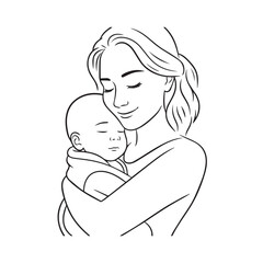Black and white line art of a beautiful mother lovingly embracing her baby minimalist tender illustration
