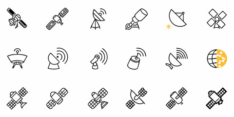 Illustration showcasing various communication and exploration technology icons in a line art style