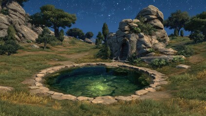 Circular pool nestled in a rocky landscape under starry night sky