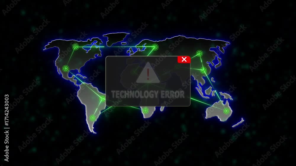 Poster technology error alert warning message attack on world map. radio waves network seamless loop motion