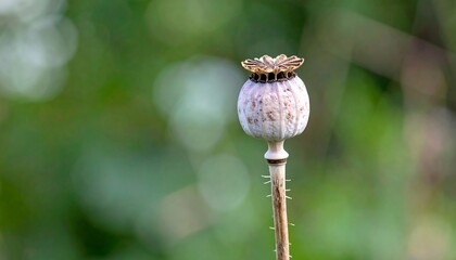 Dried poppy seed pod against out-of-focus greenery