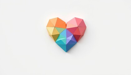 Colorful geometric heart shape made of triangular prisms on a plain white background creates a symbol of love