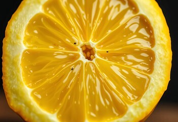 Close-up of a lemon being bitten into, revealing juicy pulp and seeds,  dessert,   ripe