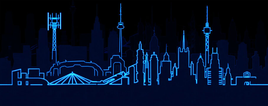 Neon blue city skyline with communication tower and dome image