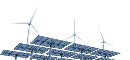 Advanced solar panels and windmills generate clean, renewable energy with increased efficiency. Isolated on a transparent background. 3D illustration. © Orange Dragon Studio