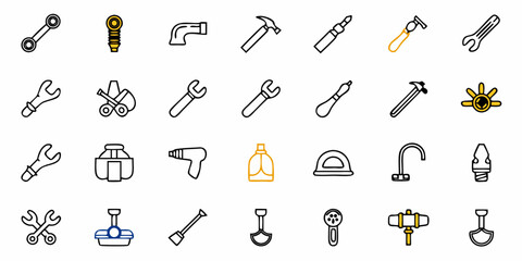 Collection of various tools and equipment arranged in a grid pattern on a white background