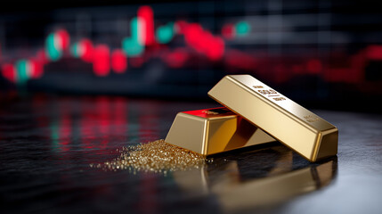 Dramatic contrast: gold bars on dark surface with glowing red and green market indicators.