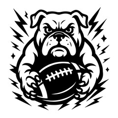 Fierce bulldog mascot holding football with lightning accents in black and white

