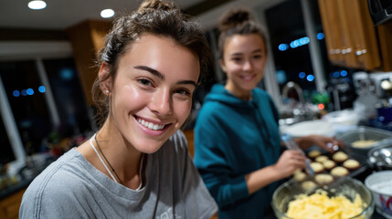 Fototapeta premium A smiling young woman bakes cookies in a warm kitchen, exuding joy and creativity, as she shares a delightful cooking moment with her friend in a cozy home environment.