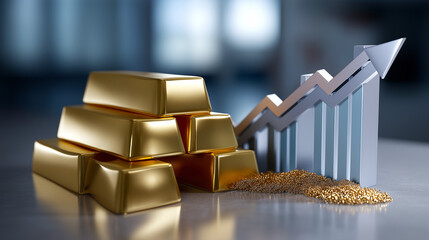 Elegant composition of gold bars stacked into a pyramid with upward arrow chart beside.