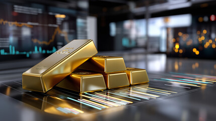 High-tech look: gold bars surrounded by neon digital stock data projections.