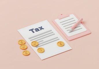 Tax season paperwork concept with document coins and pen finance and accounting preparation for tax return season and financial planning