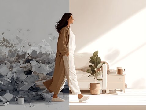 Conceptual illustration of a woman walking away from chaos and clutter into a bright minimalist home interior, symbolizing balance, mindfulness and life transformation