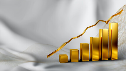 Minimalist white background with gold bars and sleek rising line chart.