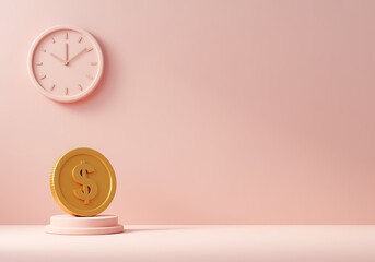 Time is Money Concept with Golden Dollar Coin and Clock on Pink Background Business Investment Savings and Finance Planning Theme