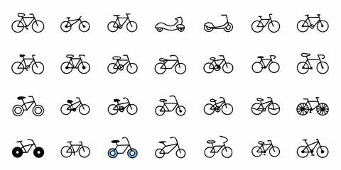 Naklejka premium Collection of various bicycle and scooter line art illustrations arranged in rows and columns pattern