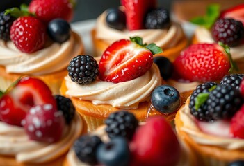 Close-up of delicate pastries topped with fresh berries, blue, fork