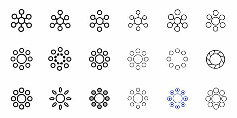 Collection of circular arrangements with varying central and peripheral connections shown as icons