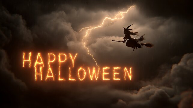 halloween witch flying on the broom with written of happy Halloween