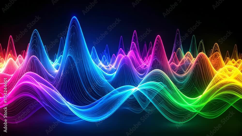 Poster colorful glowing lines arranged as undulating sound waves on a dark background, data visualization c