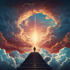 Fototapeta premium A man stands at the top of a staircase leading to a hole in the clouds with light shining through