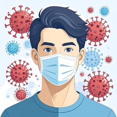 Man wearing a face mask surrounded by viruses
