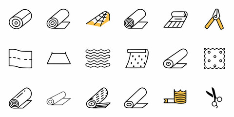 Illustration showing various types of fabrics and tools used in sewing and textile work displayed neatly