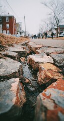 Close-up of cracked cobblestone street, water flowing through gaps.  Blurred residential buildings and pedestrians in the background