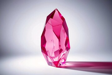 Modern minimal design element: pink glass crystal, sharp edges, glossy finish, pure white backdrop.