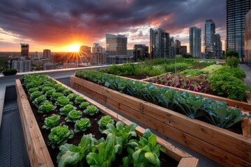 Fototapeta premium Rooftop Garden with City Sunset View