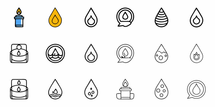 Collection of stylized water drop icons and candle flame icons in various designs and arrangements