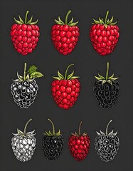 Nine detailed illustrations of raspberries and blackberries