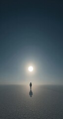 A solitary figure stands on a vast, flat plain, facing a bright sun