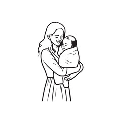 Black and white line art of a beautiful mother lovingly embracing her baby minimalist tender illustration