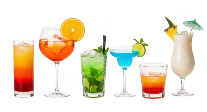 Assorted cocktails isolated on transparent background