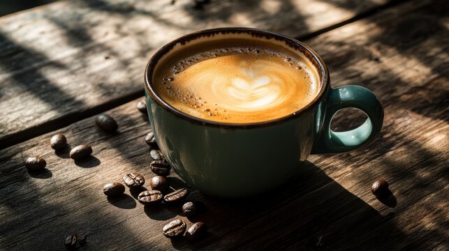 Latte in teal mug, wooden table, sunlight