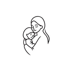 Black and white line art of a beautiful mother lovingly embracing her baby minimalist tender illustration