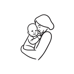 Black and white line art of a beautiful mother lovingly embracing her baby minimalist tender illustration